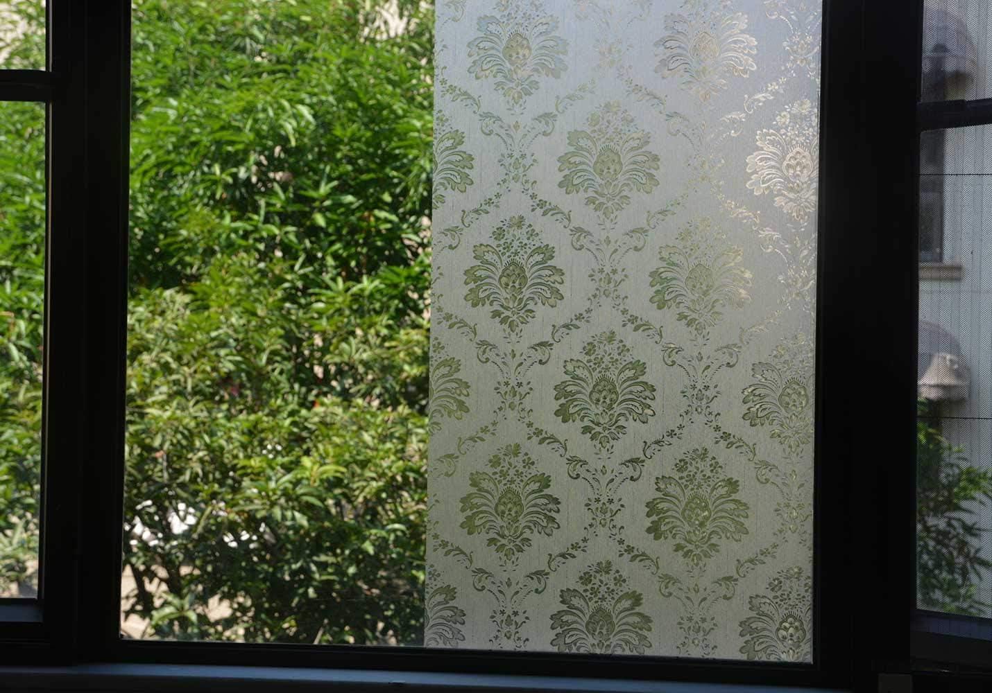imageVSUDO Frosted Privacy Window Film Damascus Pattern Privacy Protection NonAdhesive Static Cling Glass Covering Decorative Window Tint for Home and Office 118 x 1575 InchesDamascus