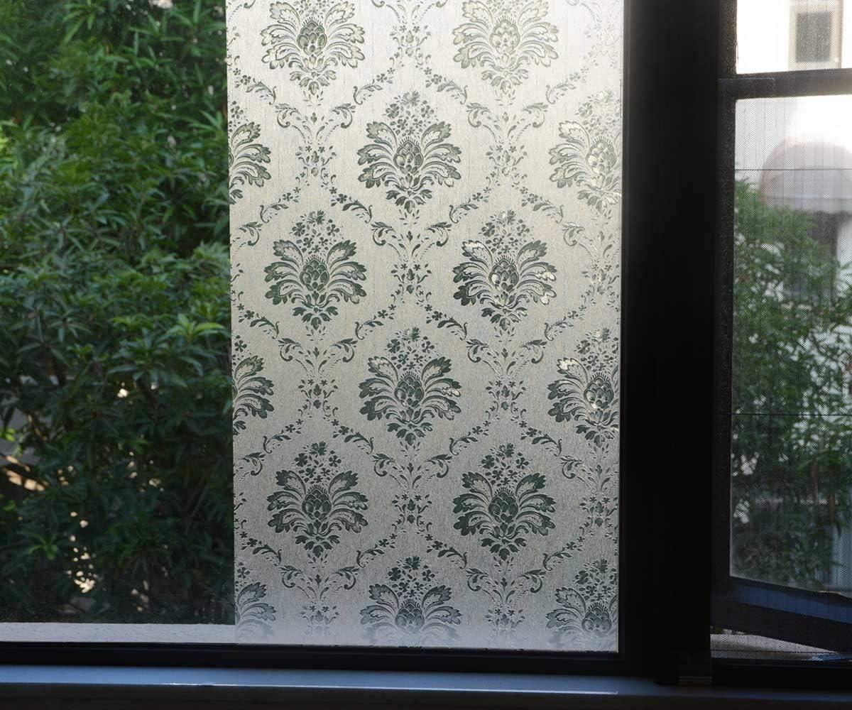 imageVSUDO Frosted Privacy Window Film Damascus Pattern Privacy Protection NonAdhesive Static Cling Glass Covering Decorative Window Tint for Home and Office 118 x 1575 InchesDamascus