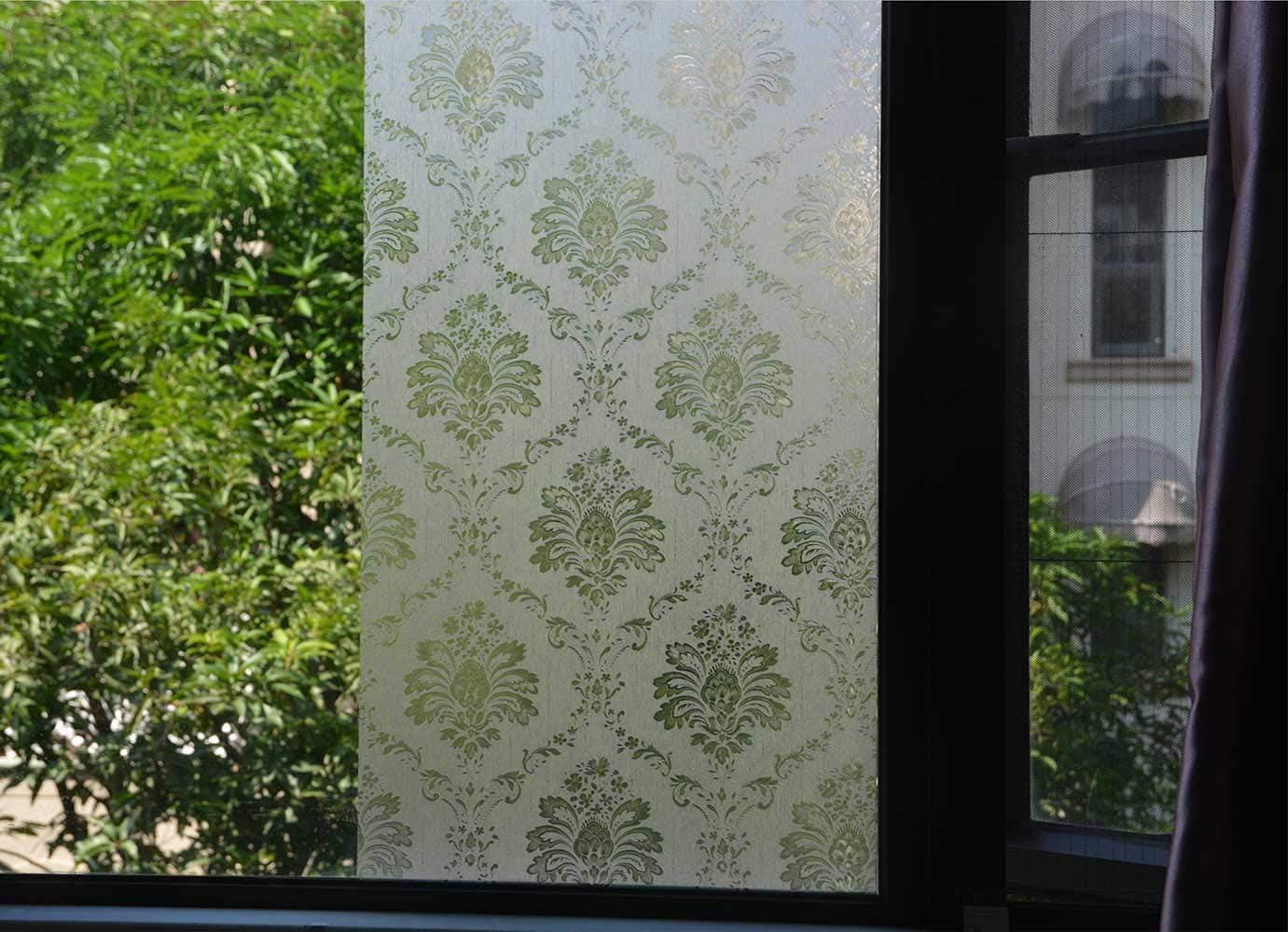imageVSUDO Frosted Privacy Window Film Damascus Pattern Privacy Protection NonAdhesive Static Cling Glass Covering Decorative Window Tint for Home and Office 118 x 1575 InchesDamascus