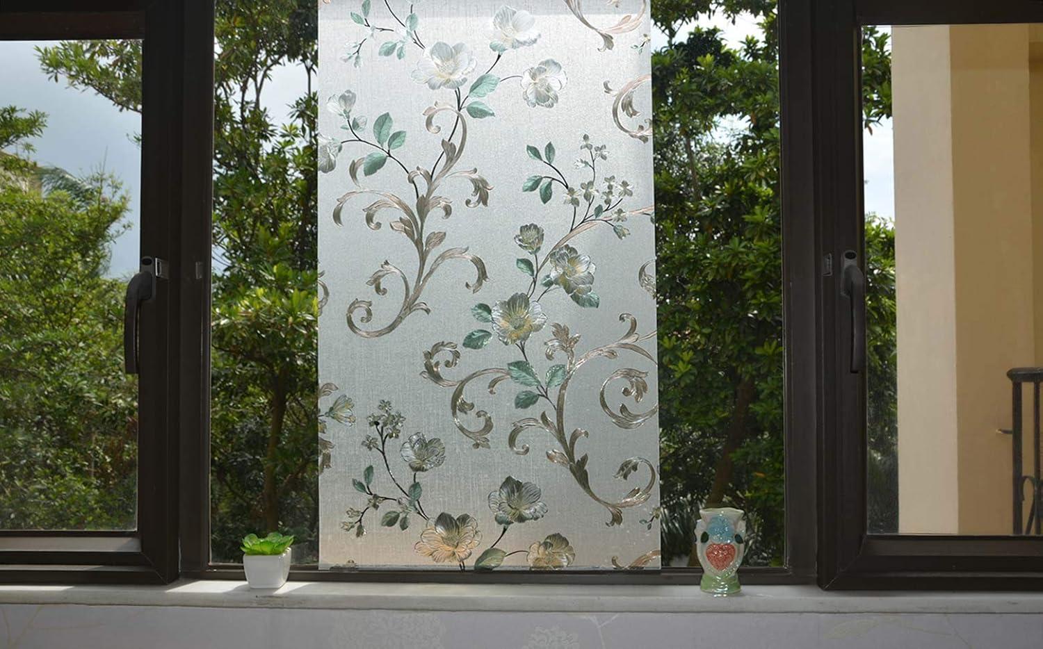 imageVSUDO 1 Roll 177quot by 787quot Privacy Window Film Camellia Flower Pattern Window Tint for Home Static Cling Window Glass Sticker 968 Sq Ft Total354 By 787