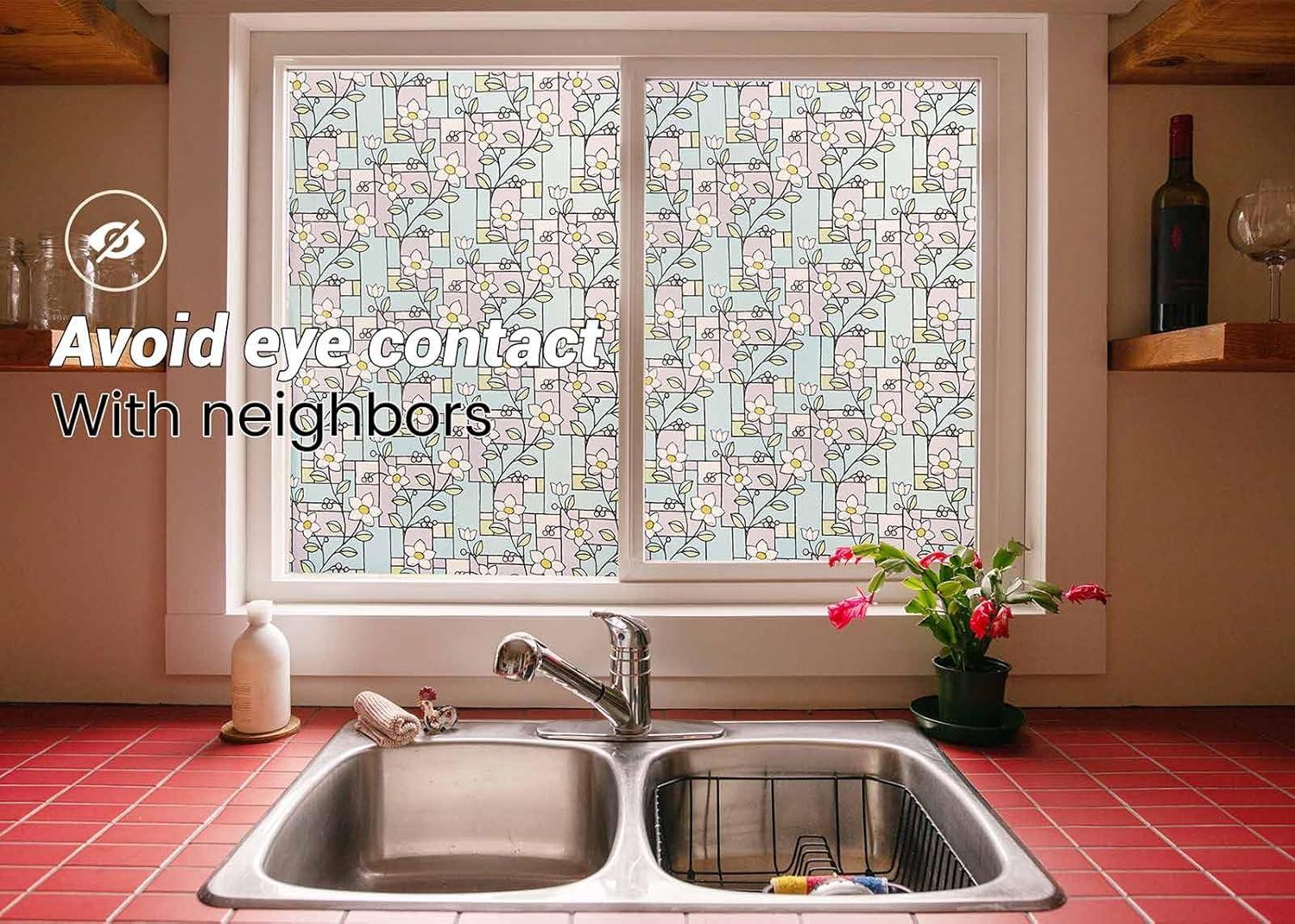 imageVSUDO Frosted Privacy Window Film Frangipani Flower Pattern Privacy Protection NonAdhesive Static Cling Glass Covering Decorative Window Tint for Home and Office 118 x 787 InchesBlue Background  White Flower