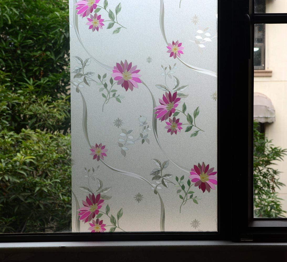 imageVSUDO Frosted Window Film PurpleRed Chrysanthemum Flower Pattern NonAdhesive Static Cling Privacy Glass Film for Home and Office 118 x 787 InchesPurple Chrysanthemum