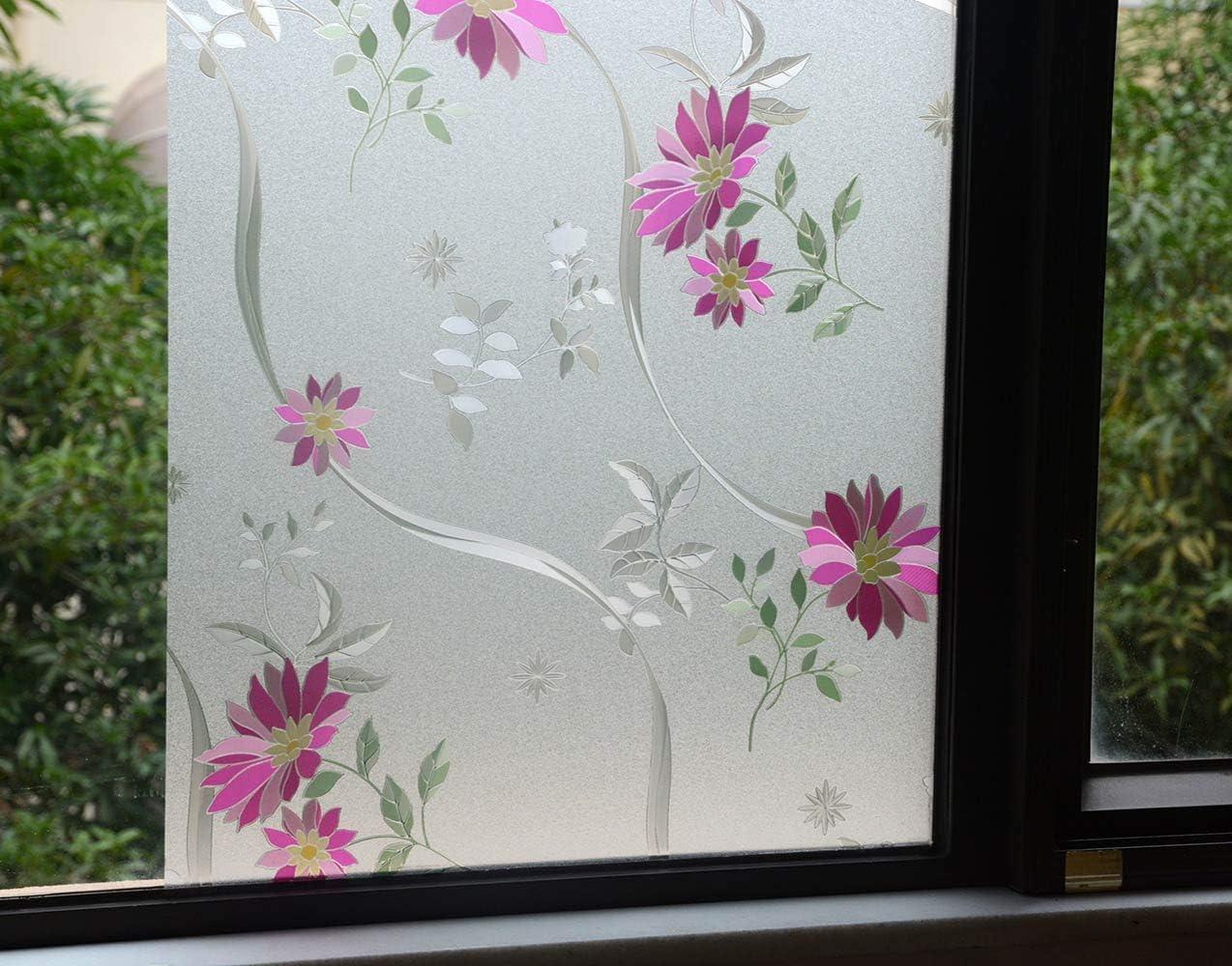 imageVSUDO Frosted Window Film PurpleRed Chrysanthemum Flower Pattern NonAdhesive Static Cling Privacy Glass Film for Home and Office 118 x 787 InchesPurple Chrysanthemum