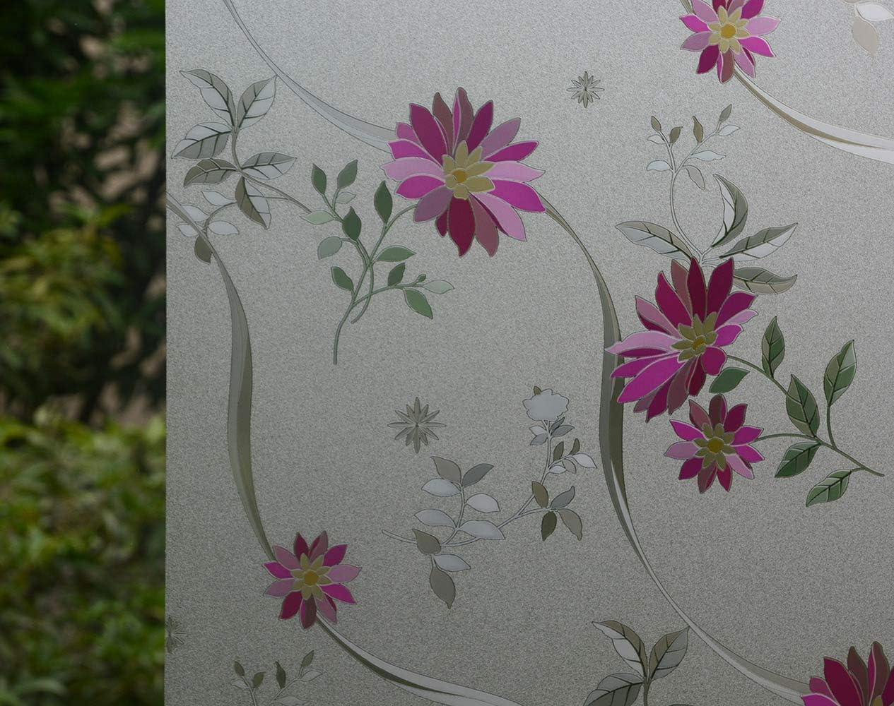 imageVSUDO Frosted Window Film PurpleRed Chrysanthemum Flower Pattern NonAdhesive Static Cling Privacy Glass Film for Home and Office 118 x 787 InchesPurple Chrysanthemum