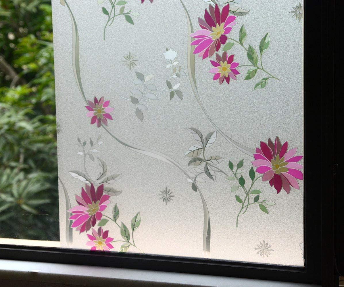imageVSUDO Frosted Window Film PurpleRed Chrysanthemum Flower Pattern NonAdhesive Static Cling Privacy Glass Film for Home and Office 118 x 787 InchesPurple Chrysanthemum