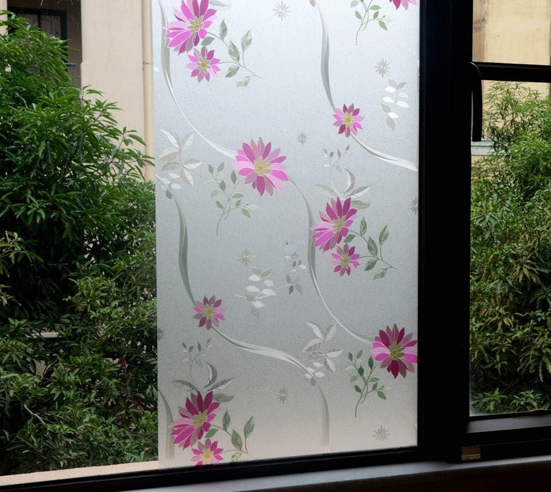 imageVSUDO Frosted Window Film PurpleRed Chrysanthemum Flower Pattern NonAdhesive Static Cling Privacy Glass Film for Home and Office 118 x 787 InchesPurple Chrysanthemum