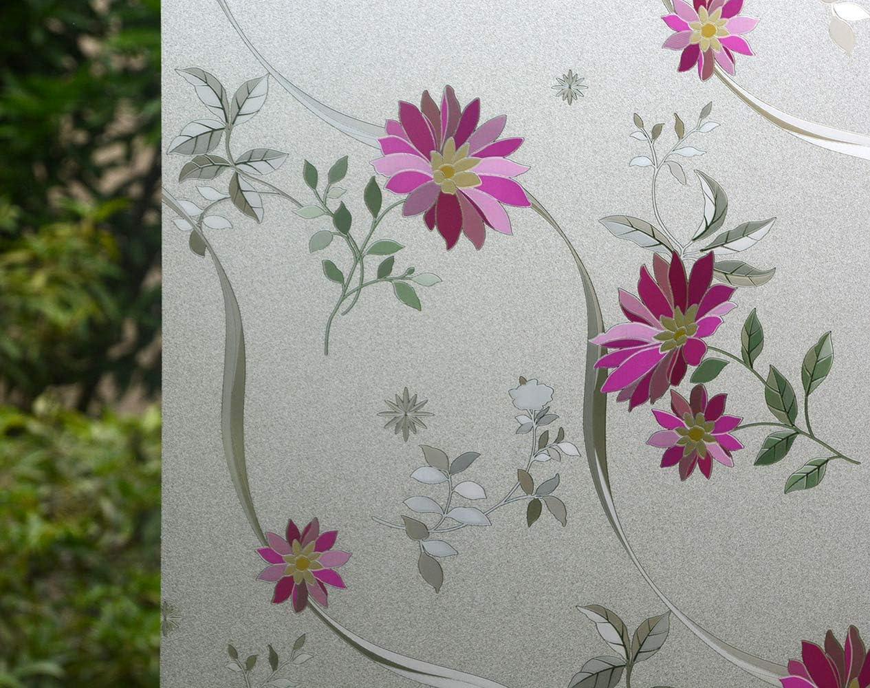 imageVSUDO Frosted Window Film PurpleRed Chrysanthemum Flower Pattern NonAdhesive Static Cling Privacy Glass Film for Home and Office 118 x 787 InchesPurple Chrysanthemum