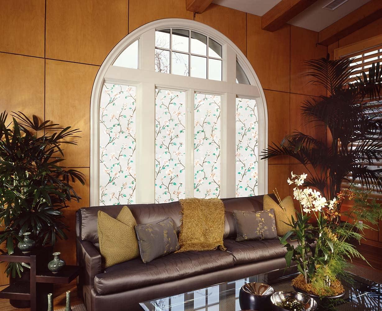 imageVSUDO Static Cling Decorative Window Privacy Film  Frosted Privacy Window Film with Jasmine Floral ampamp Stained Glass Design AdhesiveFree Tint for Home Bathroom ampamp Office 118quot x 787quot236 By 787